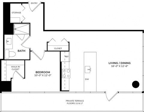 A black and white floor plan of a small apartment with a living room, bedroom, bathroom, and storage area.